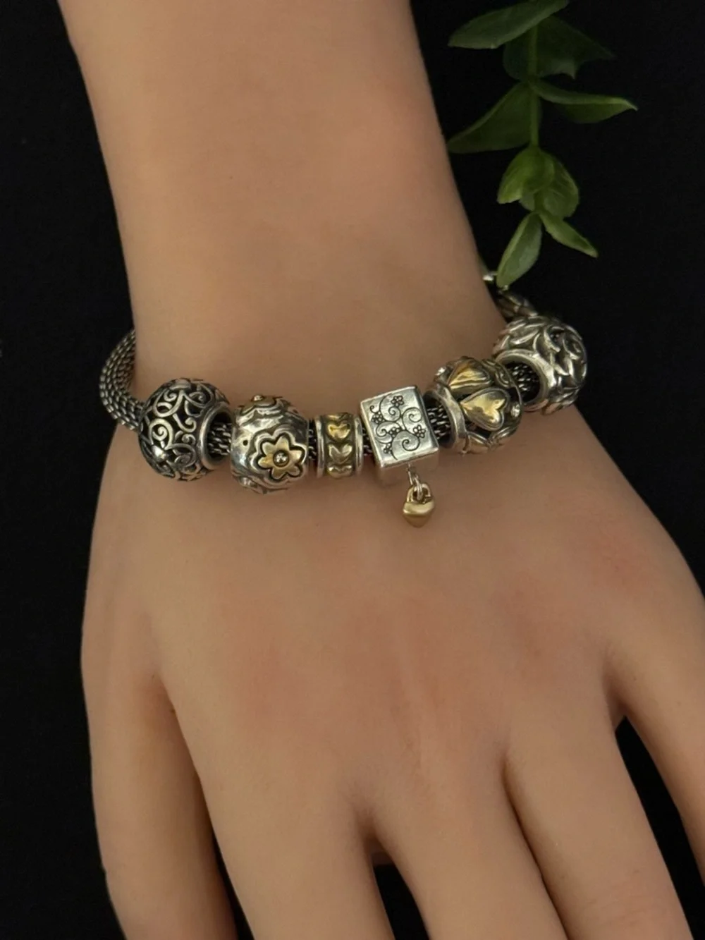 Brighton Two-Tone Silver Bracelet with Gold Heart & Floral Charms - Picture 7 of 9